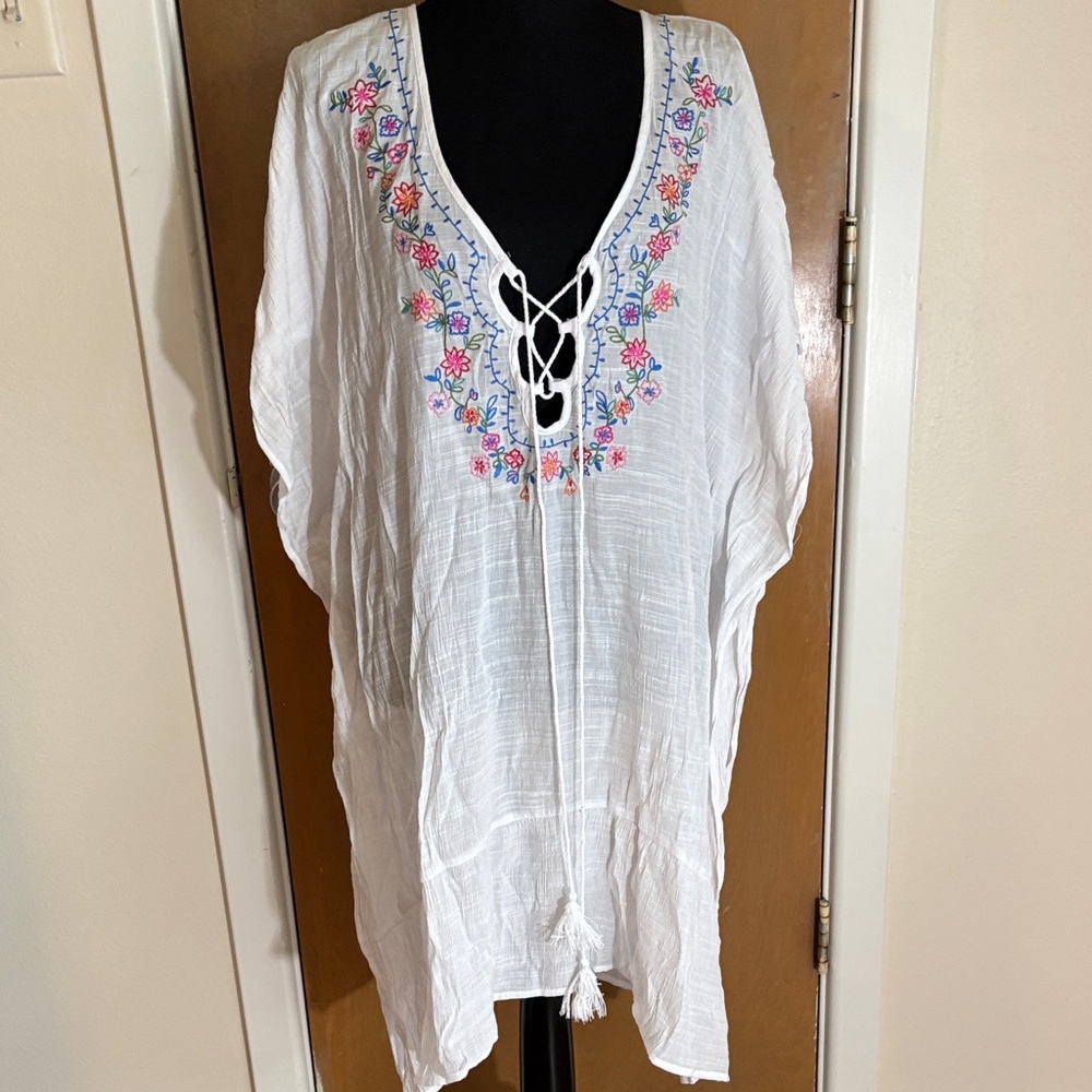 White Embroidered Lace-Up Swim Coverup